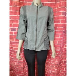 XCVI Casual Jacket Top Green Zip Front Crochet pockets Knit panels Artsy Sz L #W